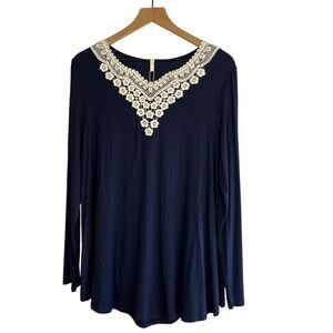 NWT Women's Navy Blue Lace Crochet Trim Long Sleeve Top Large Cottage Feminine